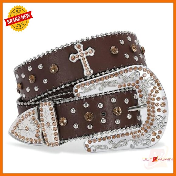 Rhinestone Studded Western Belt with Pearl Edging Premium Leather 4 Sizes